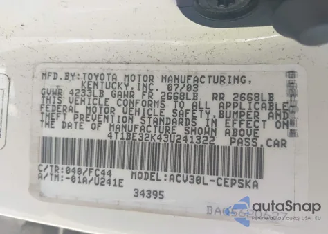 2003 Toyota Camry Se из США, поврежденный, VIN 4T1BE32K43U241322